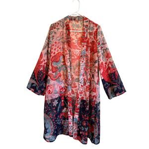 Jorja Red Blue Floral Sheer Open Kimono Duster Large Boho Chic Festival